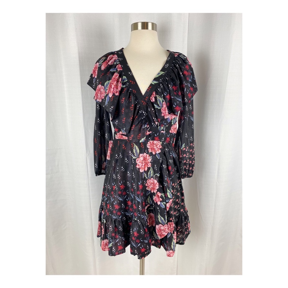 Devlin Ruffle Faux Wrap Dress Black Metallic Black Fit & Flare Retro Size 2